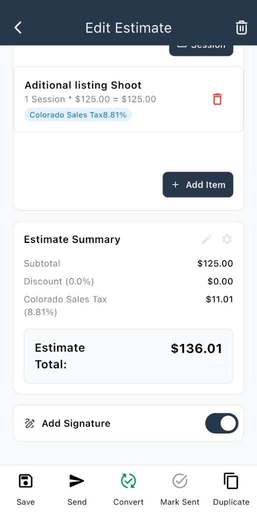 Edit Estimate with Convert on the bottom bar