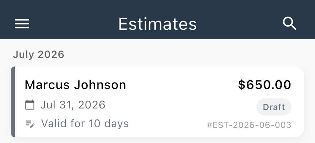 Estimates list with a Draft estimate for Marcus Johnson