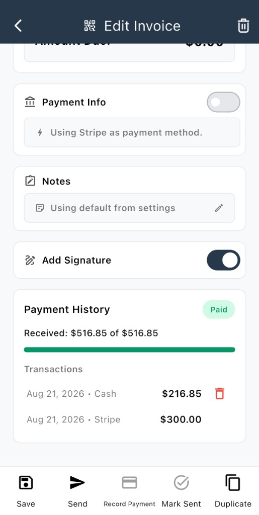 Payment History with Paid status and transactions